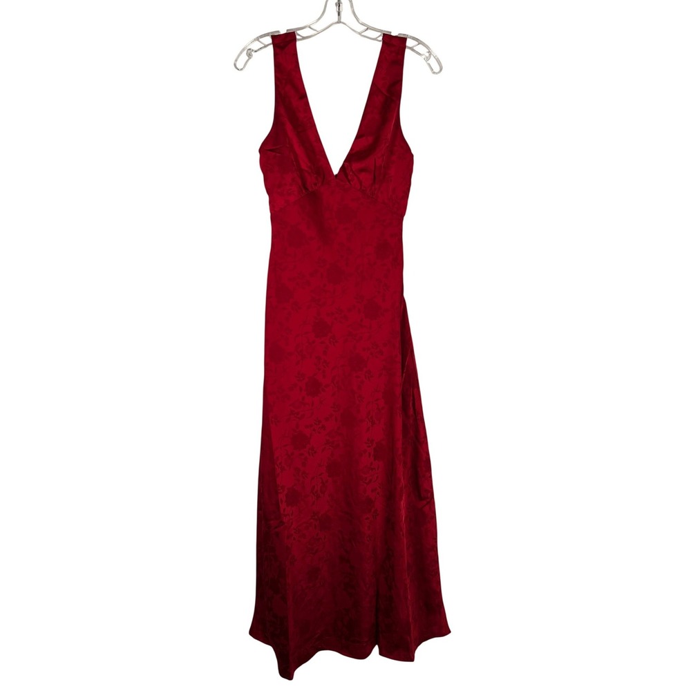 Red Floral Jacquard Satin Maxi Dress V-Neck‎ Cowl Back Romantic Coquette Gown S